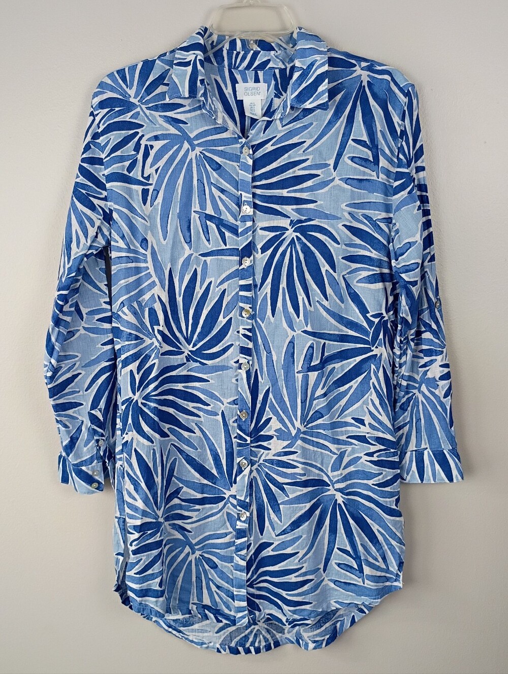 Sigrid Olsen Blue Palm Print Linen Tunic Shirt Cover-Up Small Coastal Resort